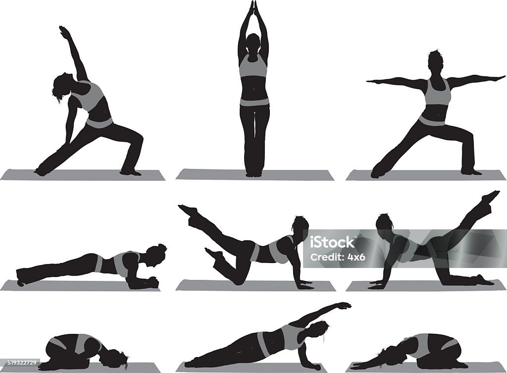 Diferentes poses de yoga con un entrenador - arte vectorial de Mujeres libre de derechos