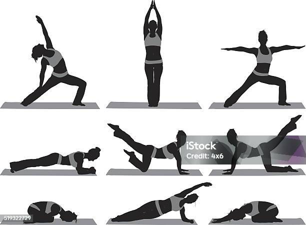 Ilustración de Diferentes Poses De Yoga Con Un Entrenador y más Vectores Libres de Derechos de Mujeres - Mujeres, Encuadre de cuerpo entero, Fondo blanco