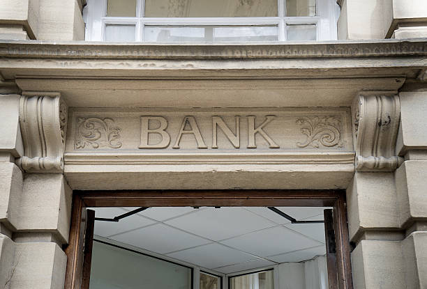 istock Bank Sign logo entrance, Stone Background 519325533