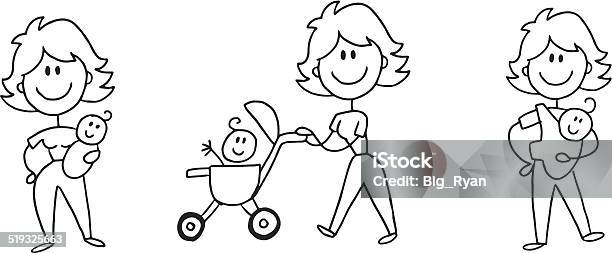 Ilustración de Mom Stick Figura y más Vectores Libres de Derechos de Dibujo con palitos - Dibujo con palitos, Familia, Cochecito para niños