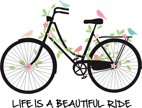 Vintage bicycle with birds and flowers, life is a beautiful ride, vector illustration