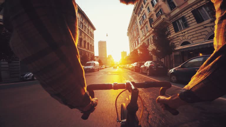 Point of view POV bicycle in urban street contest