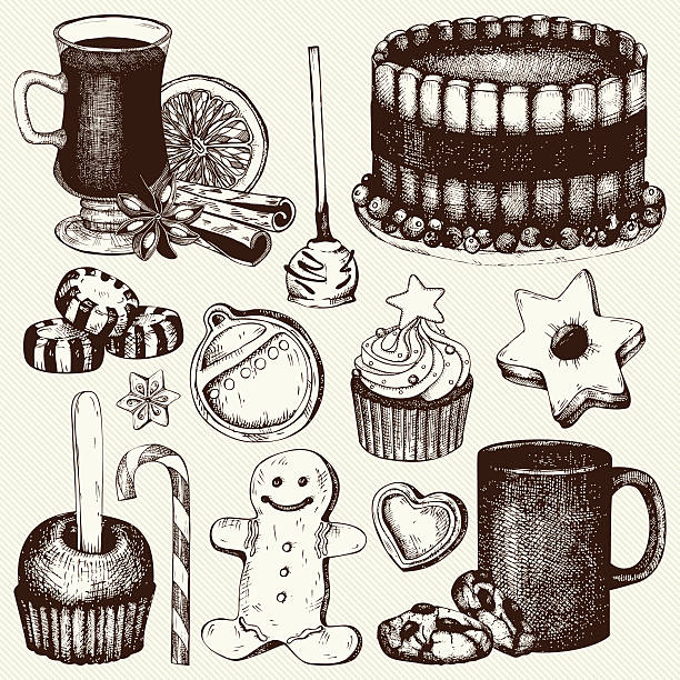 Vintage bakery illustration. Vector collection of ink hand drawn Christmas food and drinks illustration for restaurant or bakery menu. hrant dink stock illustrations