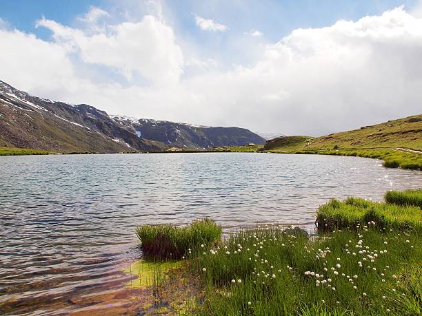 First snow in mountains. Autumn lake in Alps mirror level