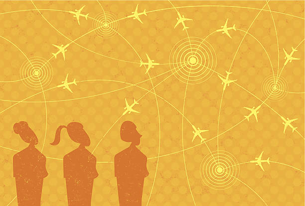 Business Travel Businesswomen looking at airplane icons in flight paths from city to city. flight radar screen stock illustrations