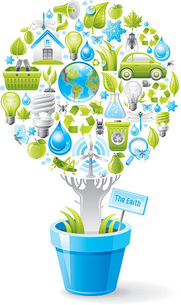 ilustrações de stock, clip art, desenhos animados e ícones de cartaz com árvore ecológica em vaso de flor - earth day banner placard green