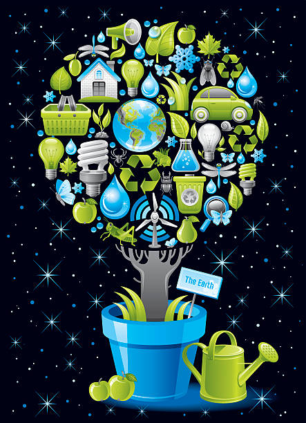 ökologische poster mit baum in blumentopf auf schwarzer hintergrund - earth day banner placard green stock-grafiken, -clipart, -cartoons und -symbole