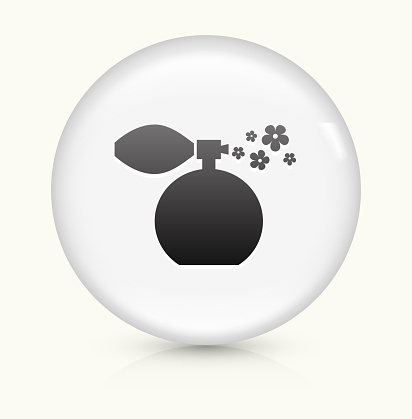 Perfume Icon on simple white round button. This 100% royalty free vector button is circular in shape and the icon is the primary subject of the composition. There is a slight reflection visible at the bottom.