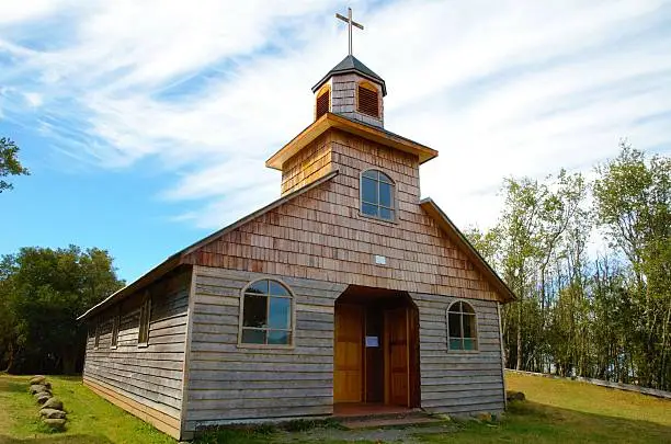 An old wooden church on the small island Aucar close to Quemchi on the island Chiloé in Chile