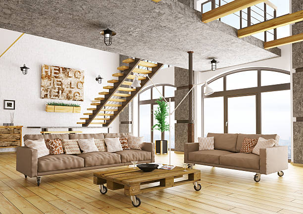 procesamiento de 3d interior de la sala de estar - loft apartment living room sofa vehicle interior fotografías e imágenes de stock