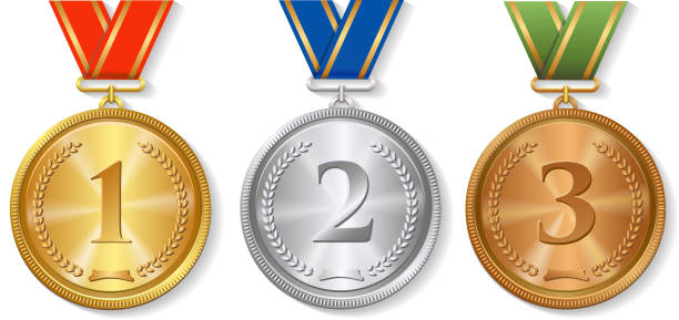 벡터 보너스 골드, 실버, 브론즈 메달 2개 세트 격리됨에 - bronze medal stock illustrations