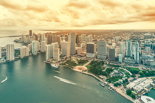 Aerial view of Bayside Park in Downtown Miami, Florida.