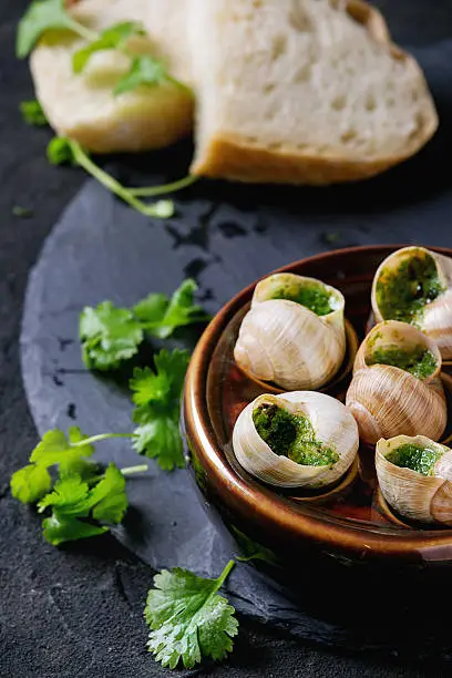 Escargots de Bourgogne - Snails with herbs butter, gourmet dish, in traditional ceramic pan with parsley and bread on stone slate board over black textured background. Close up