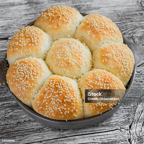 Homemade Bread Rolls In A Vintage Pan Stock Photo - Download Image Now - Baked Pastry Item, Baking, Bread