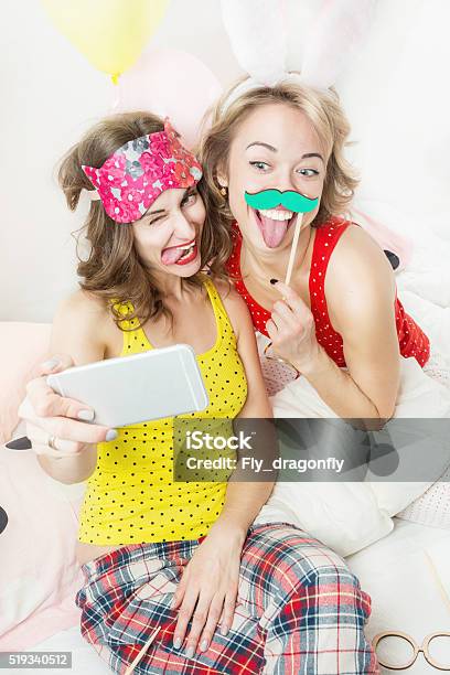 Pijamas Party Active Funny Mood Stock Photo - Download Image Now - Beautiful People, Beauty, Bed - Furniture