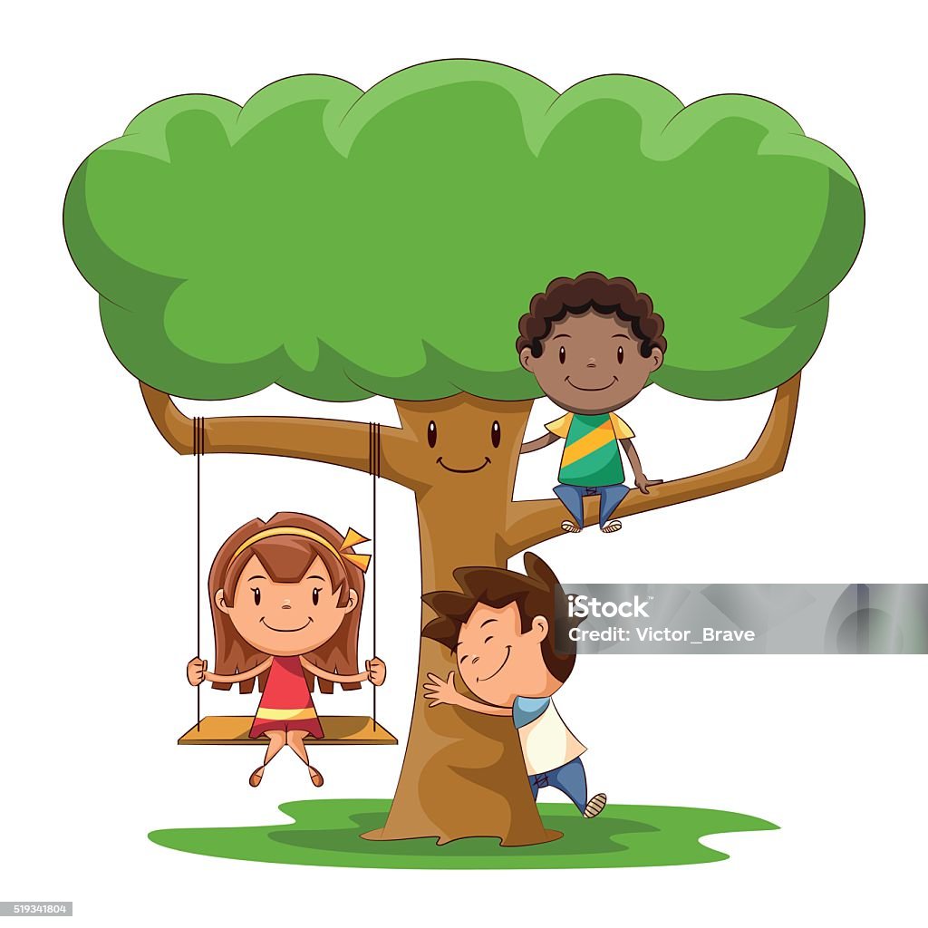Children And Tree Stock Illustration - Download Image Now - Child, Cartoon,  Tree - iStock
