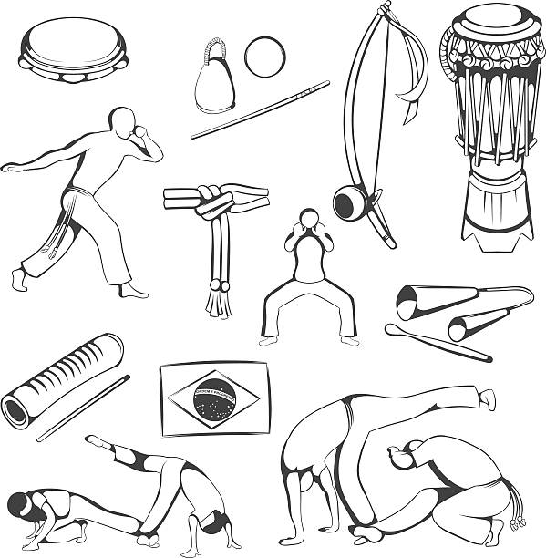 ilustraciones, imágenes clip art, dibujos animados e iconos de stock de conjunto de mano con el dibujo capoeira elementos. - reco reco