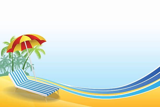 Background beach deck chair red umbrella green palm blue yellow Abstract background summer beach vacation deck chair red umbrella green palm blue yellow frame illustration vector red beach chairs stock illustrations