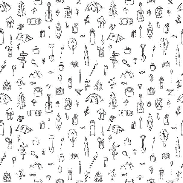 Hand drawn hike seamless pattern. Doodle camping elements Hand drawn hike seamless pattern. Doodle camping elements. Picnic, hiking, travel and camping. Vector illustration adventure drawings stock illustrations