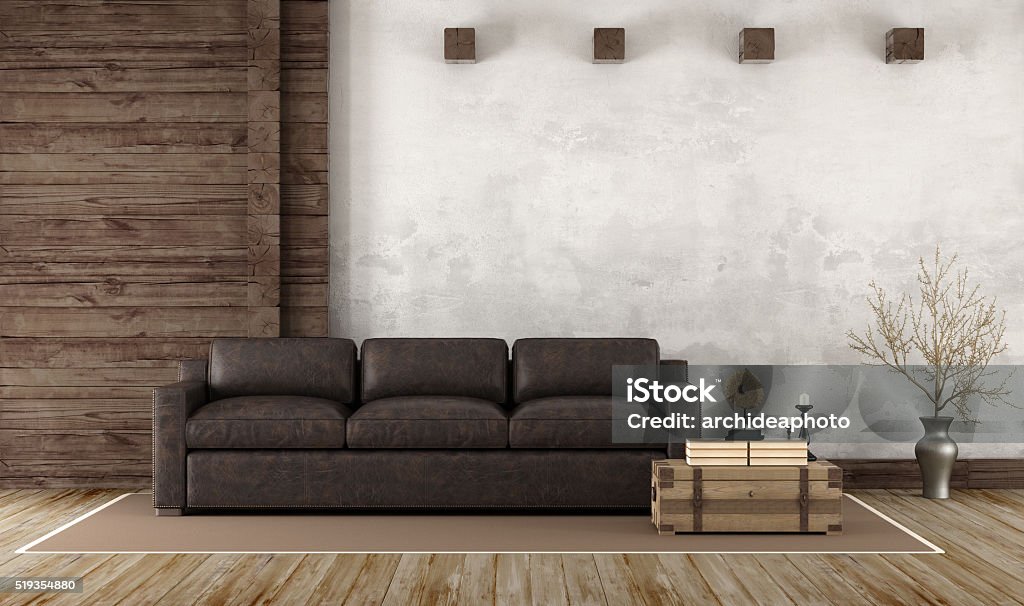 Home interior in rustic style Home interior in rustic style with leather couch and old wooden paneling - 3d Rendering Brown Stock Photo