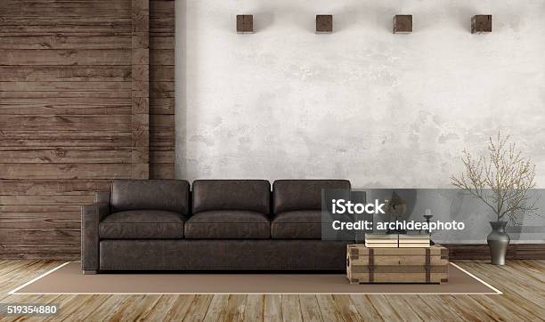 Home Interior In Rustic Style Stock Photo - Download Image Now - Brown, Leather, Sofa