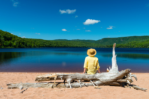 Woman sitting on trunk tree and looking at beautiful lake. Cape Breton Highlands National Park, Cabot Trail in Nova Scotia, Canada, Maritime provinces. Tranquil scene.