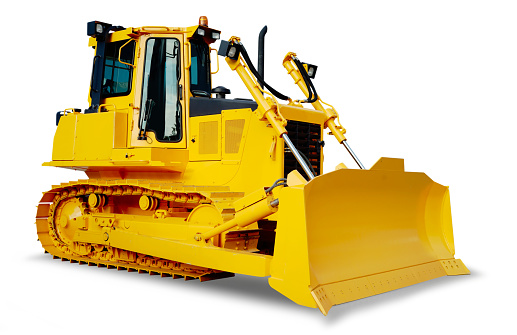 Big yellow bulldozer isolated on white background with a drop shadow.
