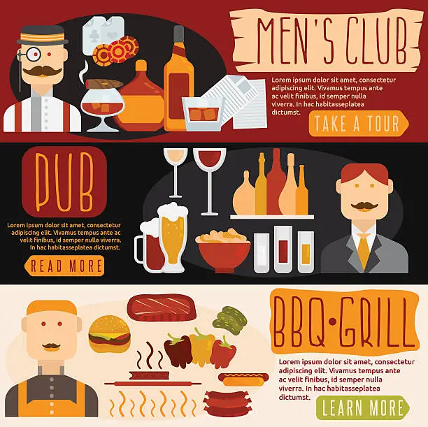 Vector illustration of flat design banners with men's club,bbq and pub theme