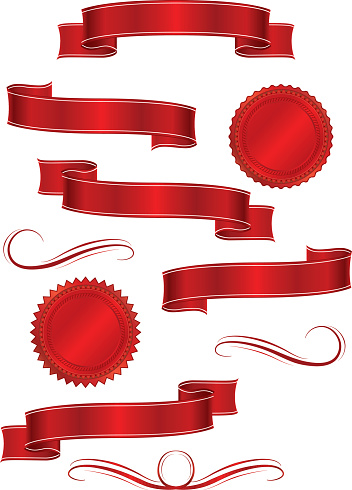 Set of shiny red metallic satin banners, ribbons, stickers, and ornaments. Copy space.