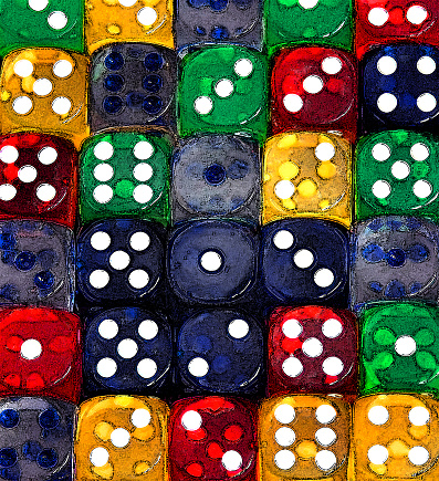 Dice form rows of numbers and come in red, green, blue, yellow and clear.  Illustration could be used for 