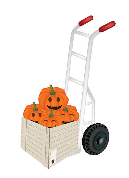 ilustraciones, imágenes clip art, dibujos animados e iconos de stock de mano de carga de camión de olivo pumpkins en la caja de envío - halloween pumpkin jack olantern industry