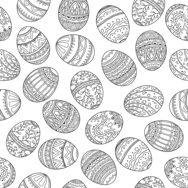 ilustraciones, imágenes clip art, dibujos animados e iconos de stock de patrón sin costuras de pascua. - easter egg paint black and white drawing