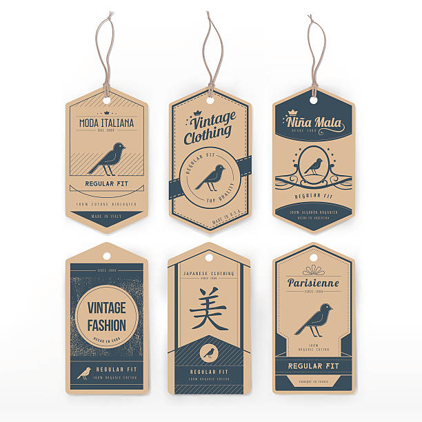 Vintage clothing label Vintage clothing label with string and bird icon clothing hang tags stock illustrations