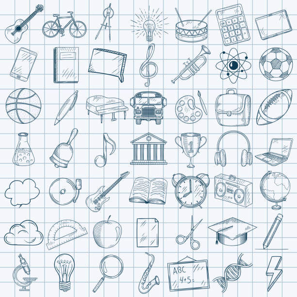 ręcznie rysowane ikony zestaw szkolny. - computer learning brain illustration and painting stock illustrations