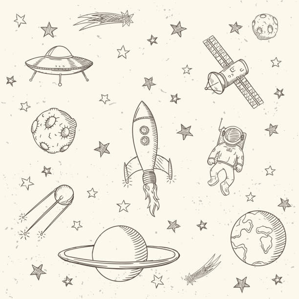 ilustraciones, imágenes clip art, dibujos animados e iconos de stock de astronomía conjunto de dibujado a mano garabatos. - astronaut