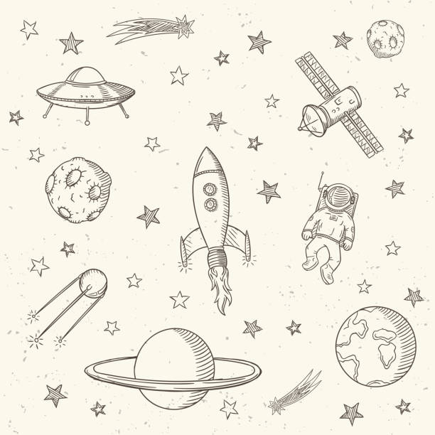 Hand drawn set of astronomy doodles. Hand drawn set of astronomy doodles. Hand drawn vector illustration. an astronaut drawing stock illustrations