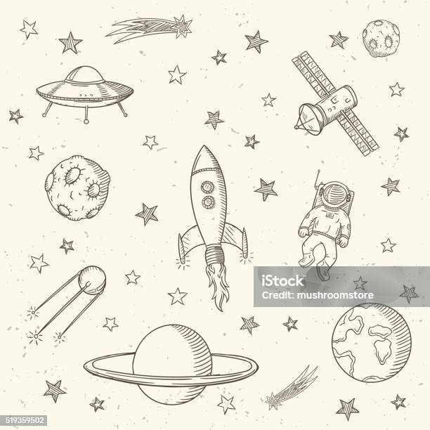 Hand Drawn Set Of Astronomy Doodles Stock Illustration - Download Image Now - Drawing - Activity, Outer Space, Drawing - Art Product