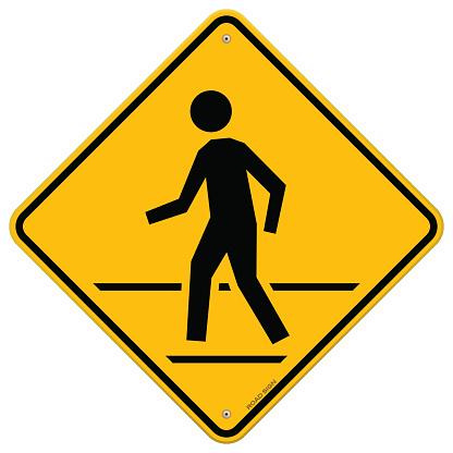 Road symbol with person crossing street isolated on white