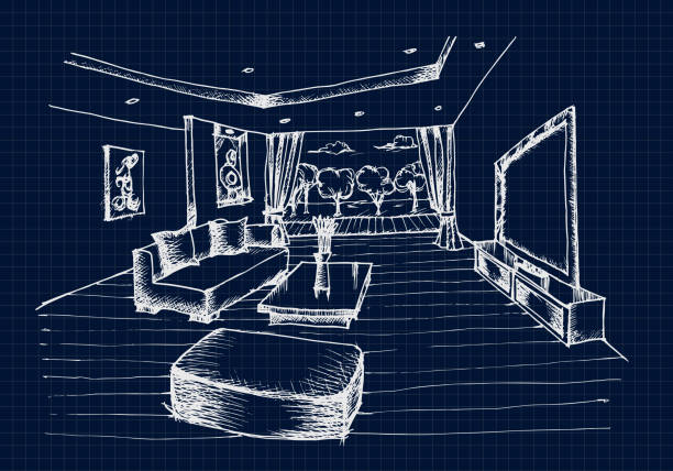 Hand drawing Interior Design for living room Hand drawing Interior Design for living room on blue print background, Vector recessed light stock illustrations