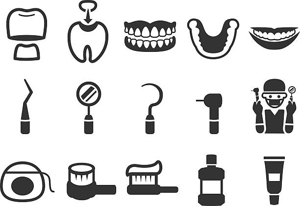 ilustrações de stock, clip art, desenhos animados e ícones de de ícones de cuidados dentários ilustração conjunto 2 - dental drill dental equipment dental hygiene drill