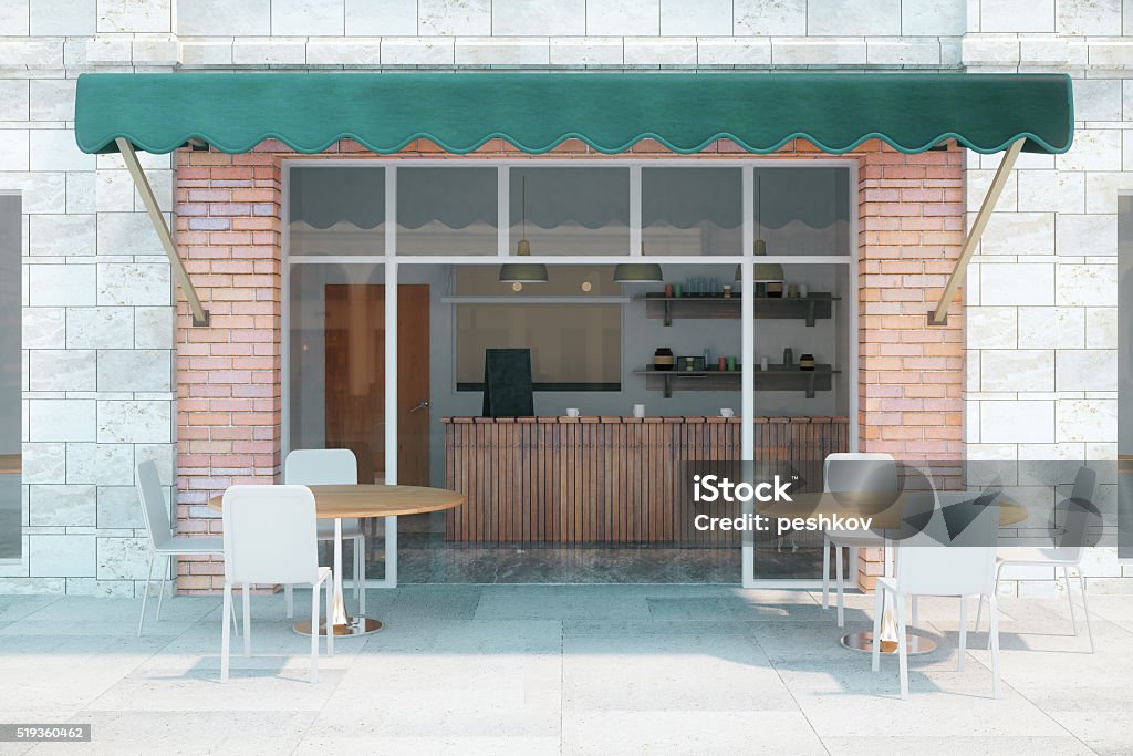 Cafe exterior front Cafe with brick walls and green canopy exterior design. 3D Render Store Stock Photo