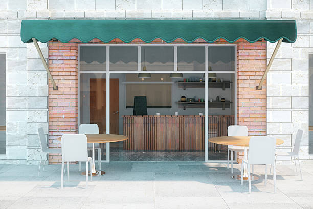 Cafe exterior front Cafe with brick walls and green canopy exterior design. 3D Render canopy photos stock pictures, royalty-free photos & images