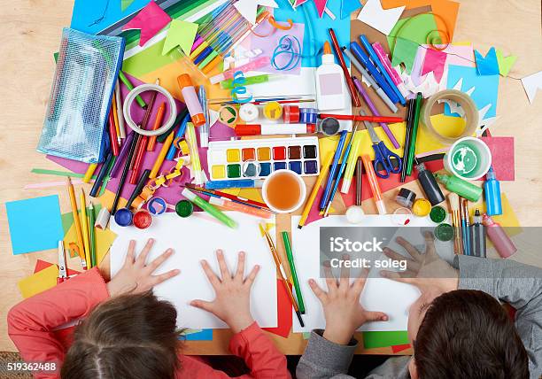 Child Drawing Top View Artwork Workplace With Creative Accessories Stock Photo - Download Image Now
