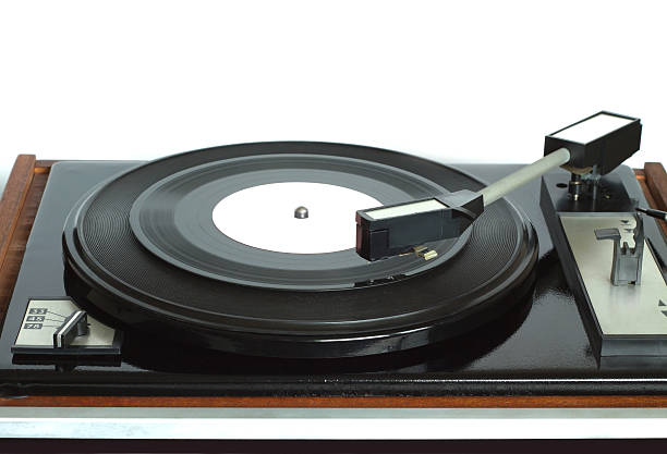 istock Vinyl record player in wooden case front view isolated 519363390