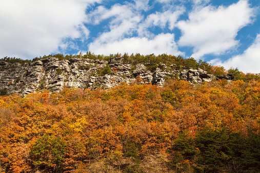 Colorful autumn trees sit below this rocky outcropping in Cumberland Maryland, sometimes called Lover's Leap.  This rock outcropping is on Wills Mountain on the northeast side of the Cumberland Narrows and is 1,652 feet above sea level.  The Lovers Leap name comes from a Native American legend which tells of a jilted lover who met his end by jumping off this ledge.