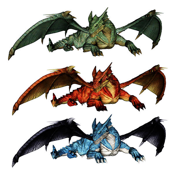 Dragons with outstretched wings in green red and blue