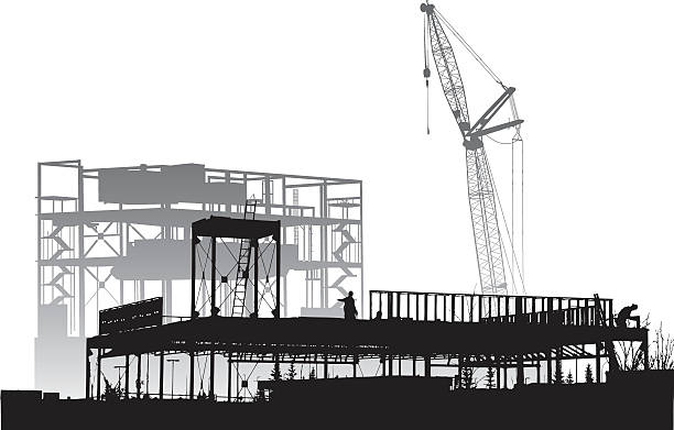 금속 프레임 공사장 - silhouette crane construction construction site stock illustrations