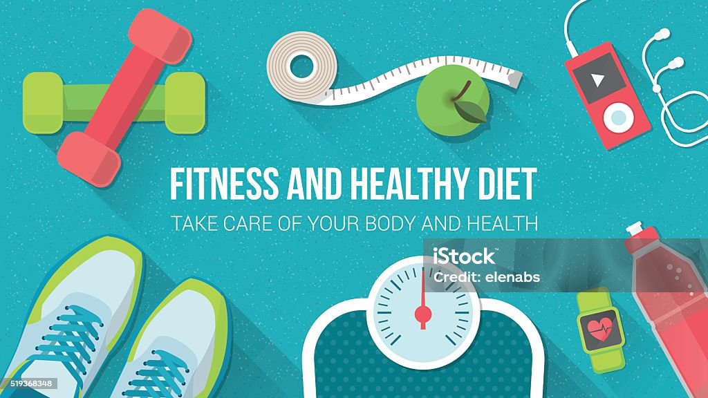 Fitness and sport Fitness, sport, diet and healthy lifestyle banner with copy space and training equipment Healthy Lifestyle stock vector