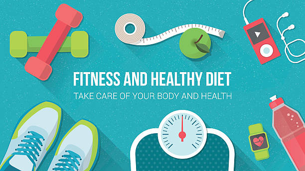 Fitness and sport Fitness, sport, diet and healthy lifestyle banner with copy space and training equipment wellness stock illustrations