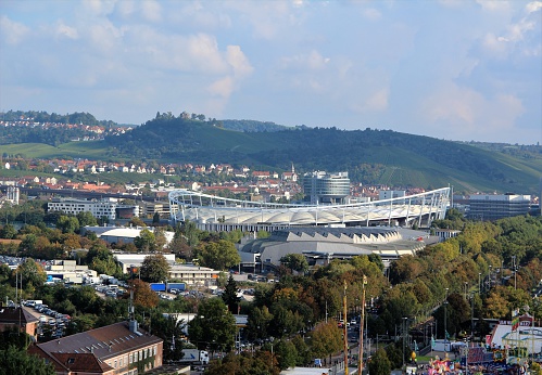 Stuttgart, Germany - October 1, 2014: Panorama of Stuttgart with Hanns-Martin-Schleyer-Halle, Porsche Arena, Mercedes-Benz Arena. View from ferris wheel.